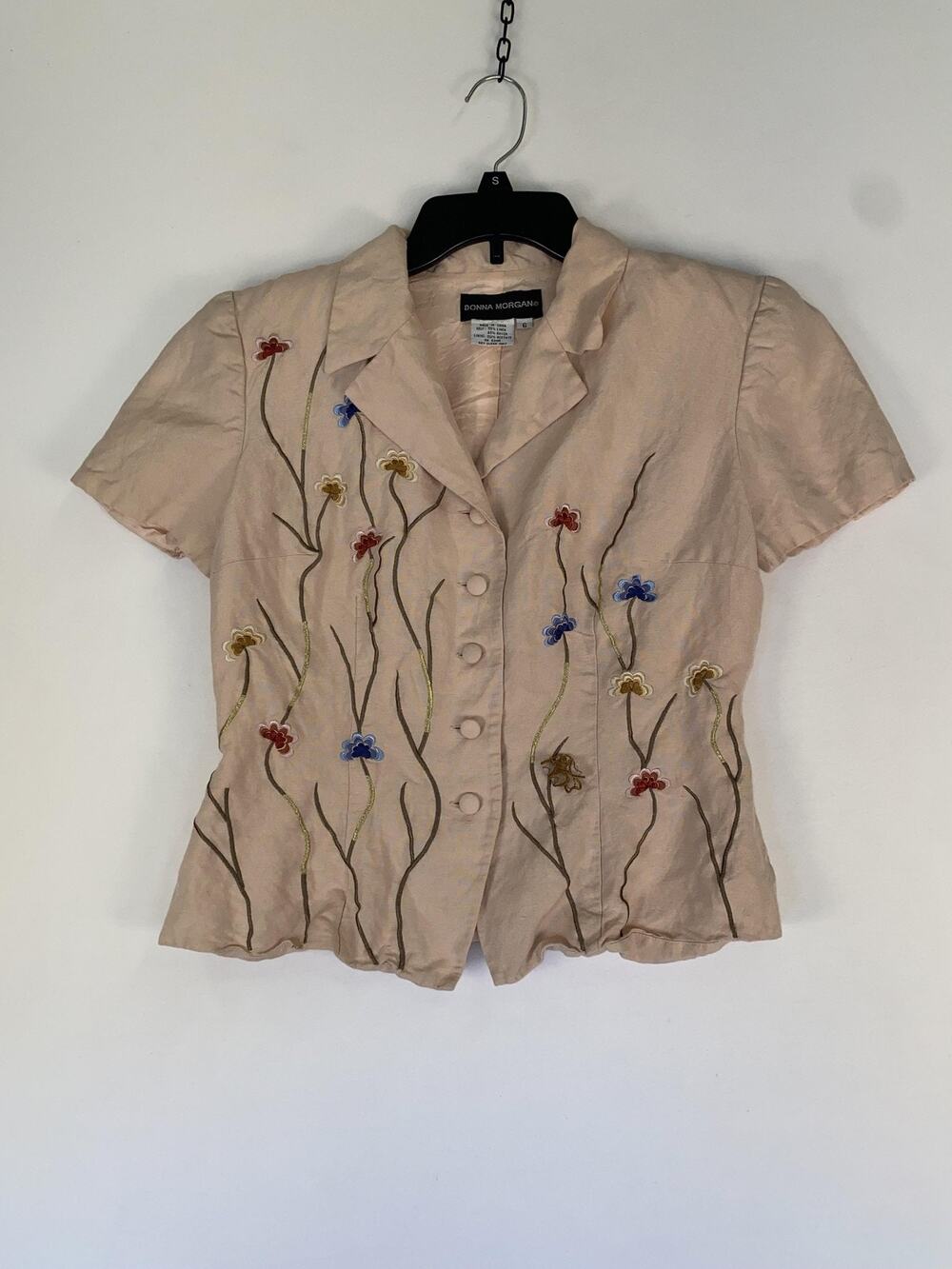 Donna Morgan Blouse Womens 6 Beige Floral Embroidered Button Front Top